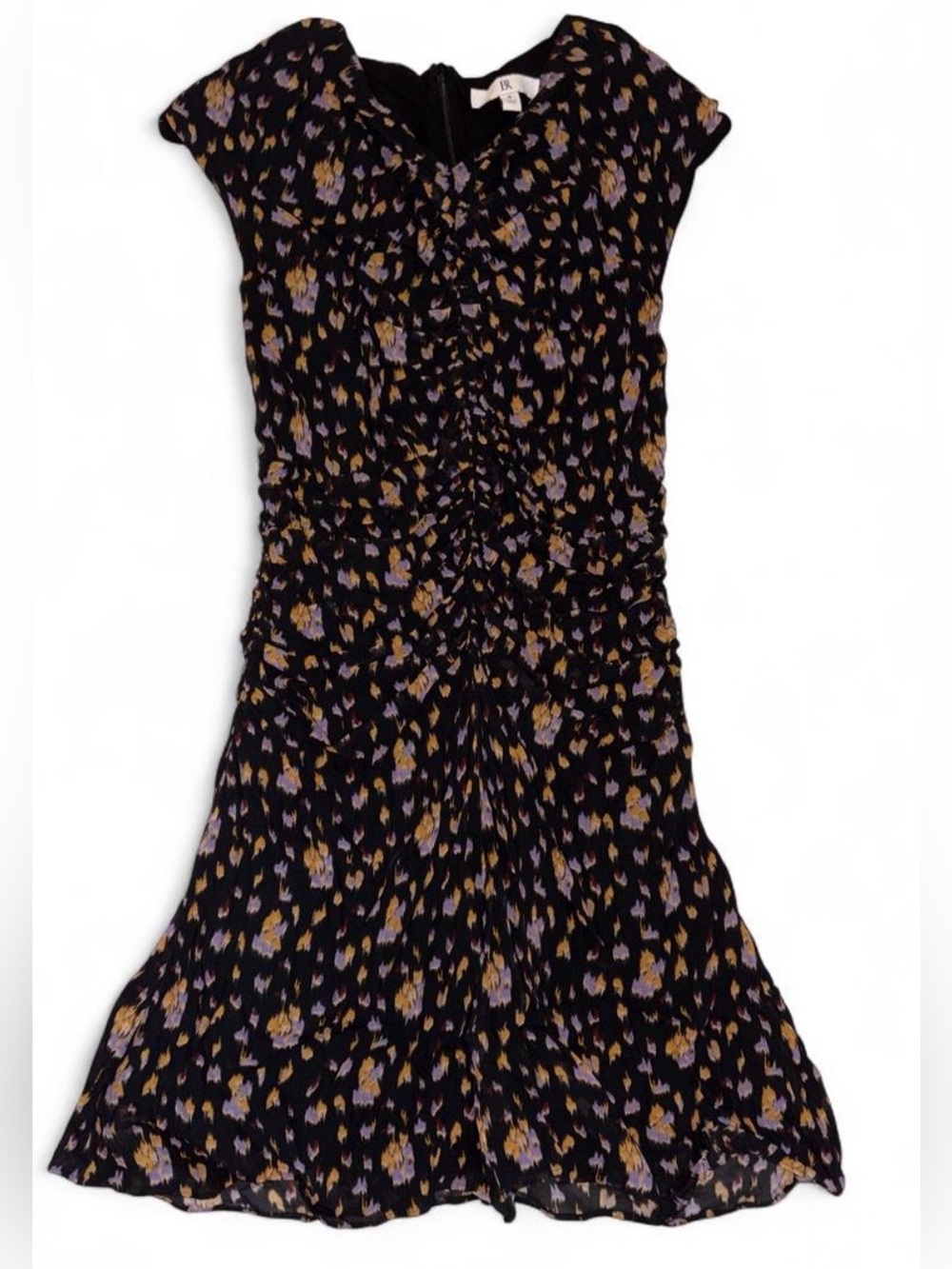 Women's Ruched Fit-and-Flare Dress - Black with Purple & Gold Abstract